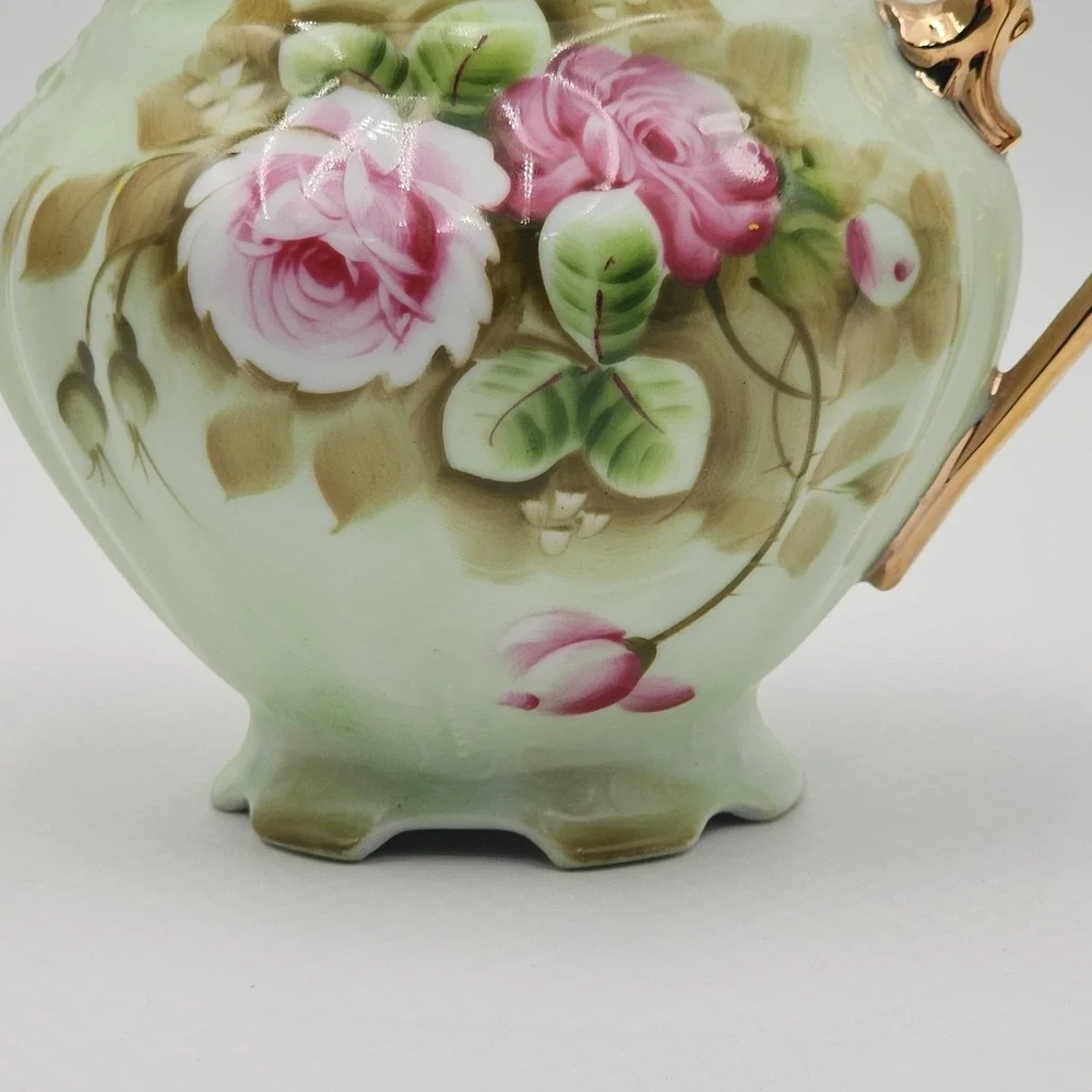 Vintage Lefton Rose Pitcher Hand Painted Green Porcelain Gold Trim 796